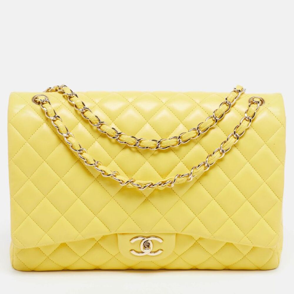 Chanel Classic Double Flap Maxi Yellow Quilted Leather Shoulder Bag